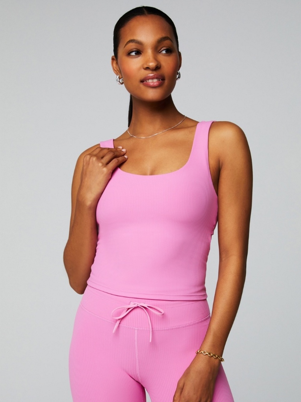 Fabletics Oasis Twist Rib Built-In Bra Tank in Pink | Size Small